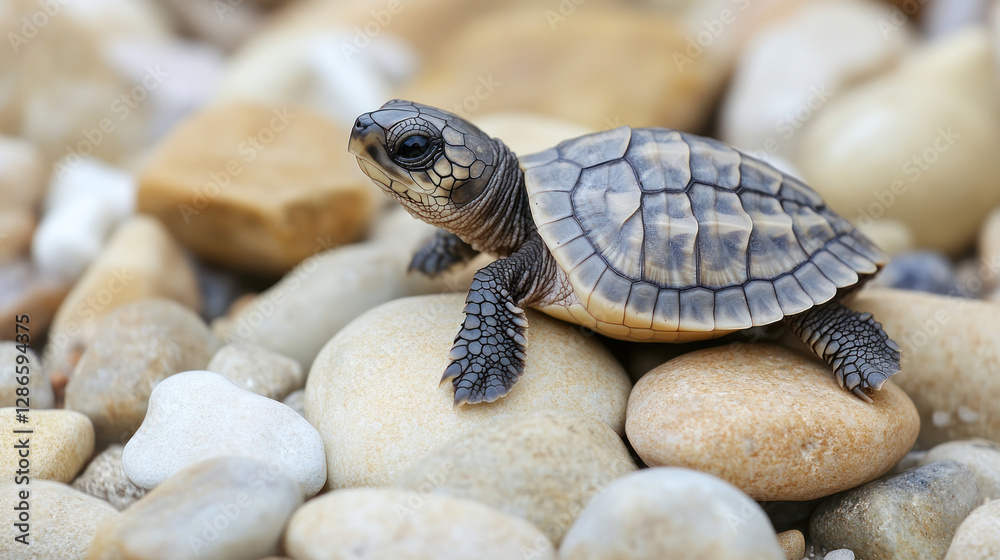 newly hatched baby turtle rests on smooth pebbles at beach, showcasing its delicate shell and intricate patterns. serene setting highlights turtle first steps in its natural habitat newly hatched baby turtle rests on smooth pebbles at beach, showcasing its delicate shell and intricate patterns. serene setting highlights turtle first steps in its natural habitat