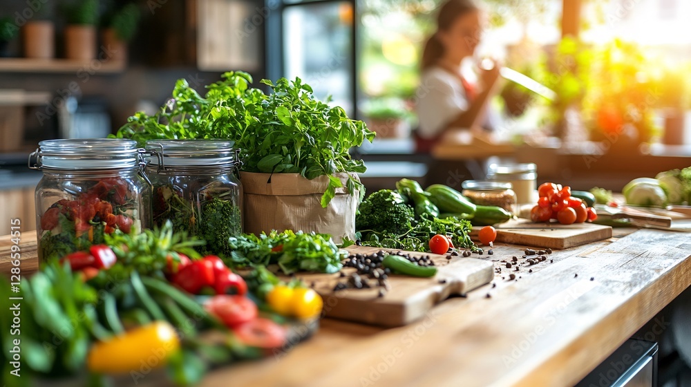 Fresh vegetables and herbs on kitchen counter. Fresh vegetables and herbs on kitchen counter.