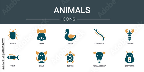 set of 10 outline web animals icons such as beetle, lama, swan, centipede, lobster, tuna, boar vector icons for report, presentation, diagram, web design, mobile app