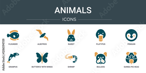 set of 10 outline web animals icons such as flounder, albotros, rabbit, platypus, penguin, grampus, butterfly with wings vector icons for report, presentation, diagram, web design, mobile app