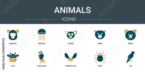 set of 10 outline web animals icons such as baboon, medusa, lemur, mink, bear, cow, deadlock vector icons for report, presentation, diagram, web design, mobile app