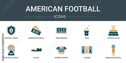 set of 10 outline web american football icons such as football shield, american football ticket, yard marking, soda, field, trophy, cleats vector icons for report, presentation, diagram, web design,