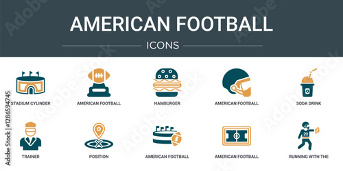 set of 10 outline web american football icons such as stadium cylinder, american football trophey, hamburger, american football helmet, soda drink, trainer, position vector icons for report,