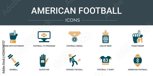 set of 10 outline web american football icons such as hand with extended pointing finger, football tv program, football medal, can of beer, foam finger, barbell, glove for vector icons for report,