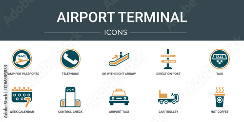 set of 10 outline web airport terminal icons such as stamp for passports, telephone, or with right arrow, direction post, taxi, week calendar, control check vector icons for report, presentation,