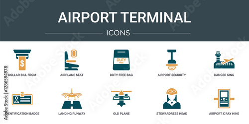 set of 10 outline web airport terminal icons such as dollar bill from cash hine, airplane seat, duty free bag, airport security camera, danger sing, identification badge, landing runway vector icons