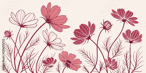 Wallpaper Mural Design a watercolor cosmos flower pattern with deep pinks and gentle petal textures. Torontodigital.ca