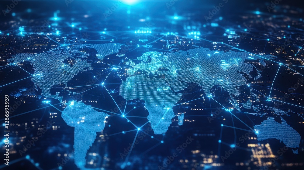 A high-tech illustration of a world map with interconnected digital pathways, emphasizing business, finance, and international networking. A high-tech illustration of a world map with interconnected digital pathways, emphasizing business, finance, and international networking.