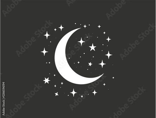 Crescent moon with stars illustration on a dark background.