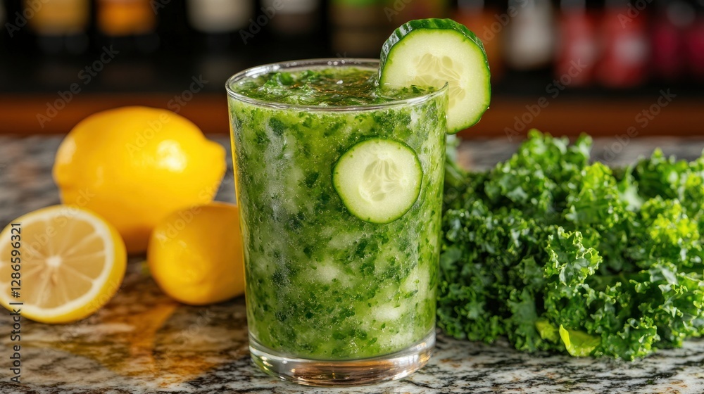 Refreshing green smoothie with cucumber, lemon, and kale on a bar counter Refreshing green smoothie with cucumber, lemon, and kale on a bar counter