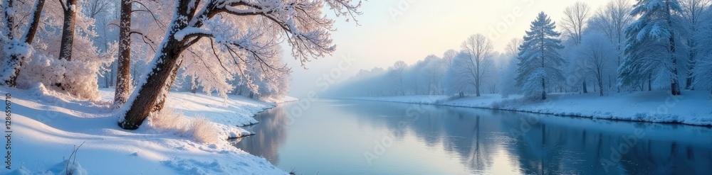 Frosty morning on a frozen river with snow-covered trees, winter, tree