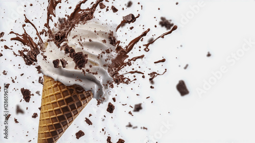 Cookies and Cream ice cream cone explosion or splash against a pure white background, featuring creamy texture, rich chocolate cookie bits, and a delightful melted effect.
