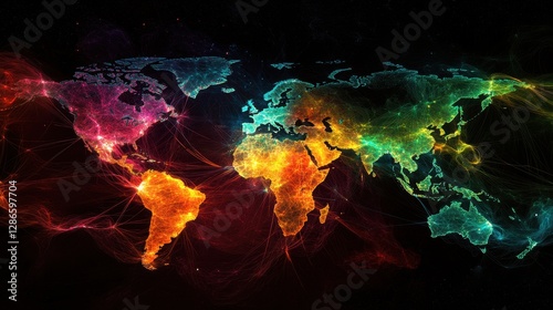 Wallpaper Mural A vibrant world map with glowing, pulsating network lines forming a web of global connectivity and data sharing. Torontodigital.ca