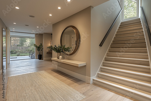  Photographie immobilière d’une entrée moderne avec une console en bois suspendue, grand miroir décoratif, tableau, éclairage encastré doux et plantes. HDR, 3D, design, tendance, architecte