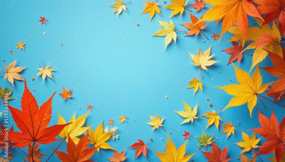 Autumn landscape with scattered yellow and orange maple leaves on a blue sky background, scenery, backdrop Autumn landscape with scattered yellow and orange maple leaves on a blue sky background, scenery, backdrop