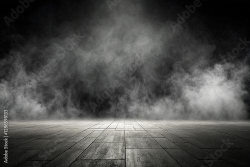 Dark smoky room with wooden floor and spotlight.
