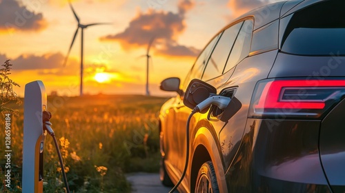 Electric car charging in a scenic field with a wind turbine in the background, symbolizing renewable energy and eco-friendly transportation