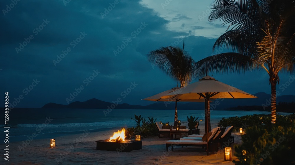 Obraz premium Relaxing Evening Beach Scene with Fire Pit and Lounge Chairs