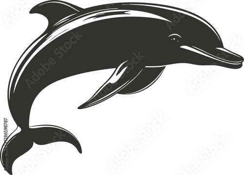 Silhouette illustration of a dolphin in black and white, jumping gracefully.