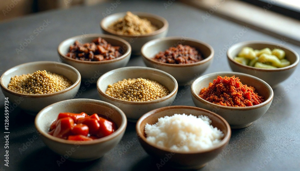 Bowl Collection with Diverse Food on Table Bowl Collection with Diverse Food on Table