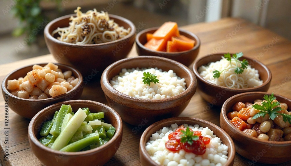 Wooden Table with Bowls of Various Foods Wooden Table with Bowls of Various Foods