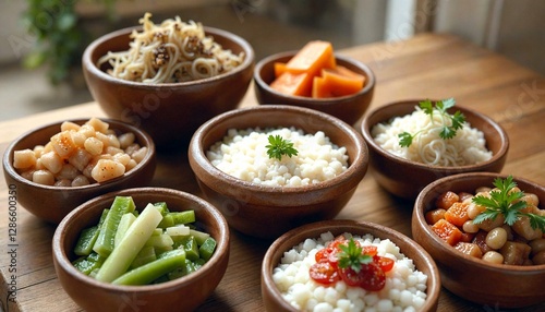 Wooden Table with Bowls of Various Foods