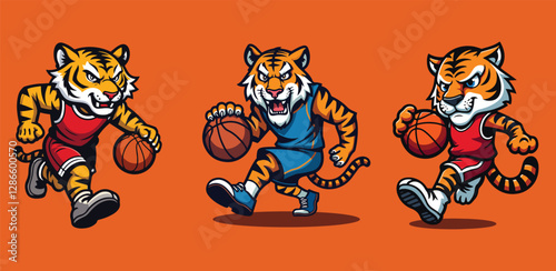 Three stylized tigers are dribbling a basketball in a dynamic pose. They have different expressions and are wearing different colored basketball uniforms (red and blue).