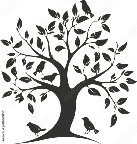 Silhouette of a tree with birds perched on branches.