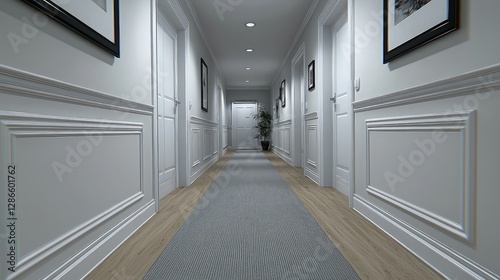 Hotel hallway interior design, classic style, modern feel, neutral color scheme, tranquil atmosphere, professional photos