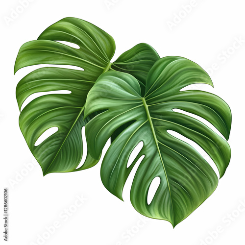 Fototapeta Naklejka Na Ścianę i Meble -  A realistic depiction of two large tropical green leaves with visible veins and natural textures, isolated on transparent background.