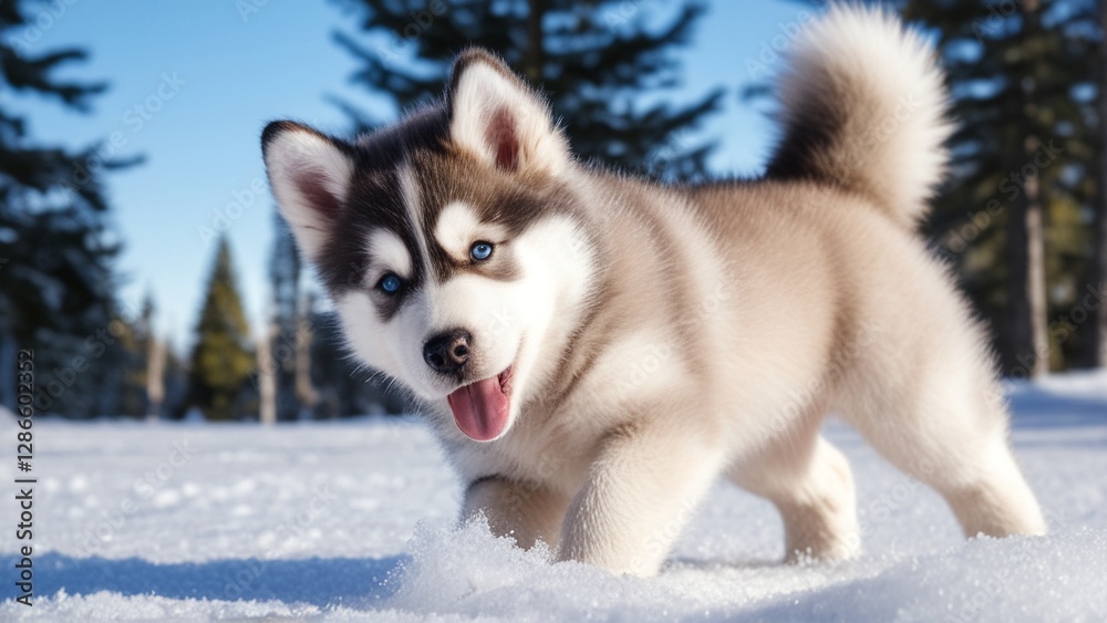 Puppy with fluffy fur and blue eyes, standing in a snowy landscape with trees in the background. Puppy with fluffy fur and blue eyes, standing in a snowy landscape with trees in the background.