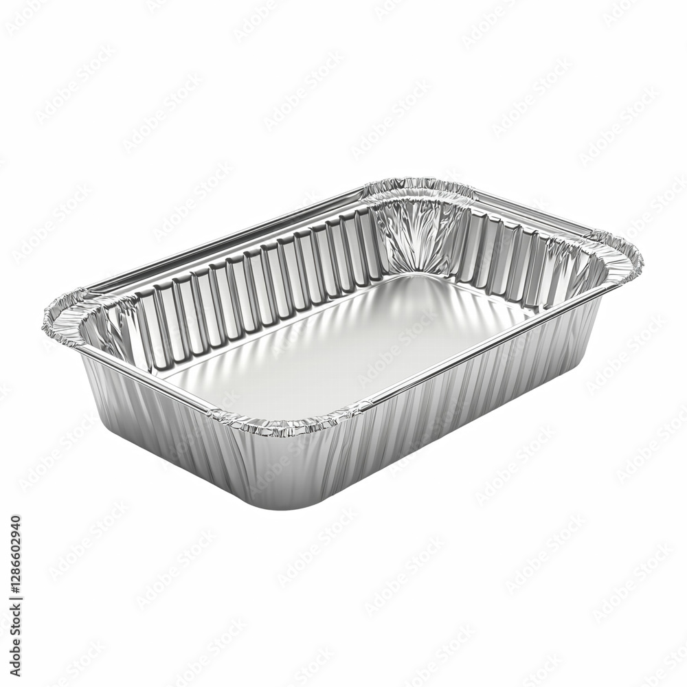 Obraz premium A rectangular aluminum foil container with ridged edges and a reflective surface, disposable food tray isolated on transparent background.