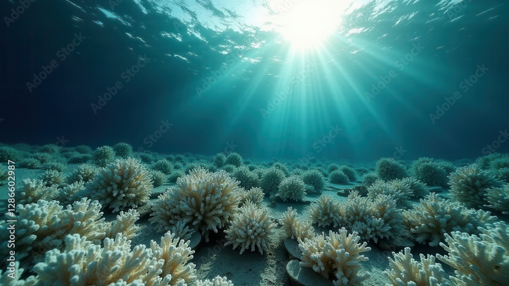 Obraz premium Underwater view of bleached coral reef with sun rays shining through clear ocean water