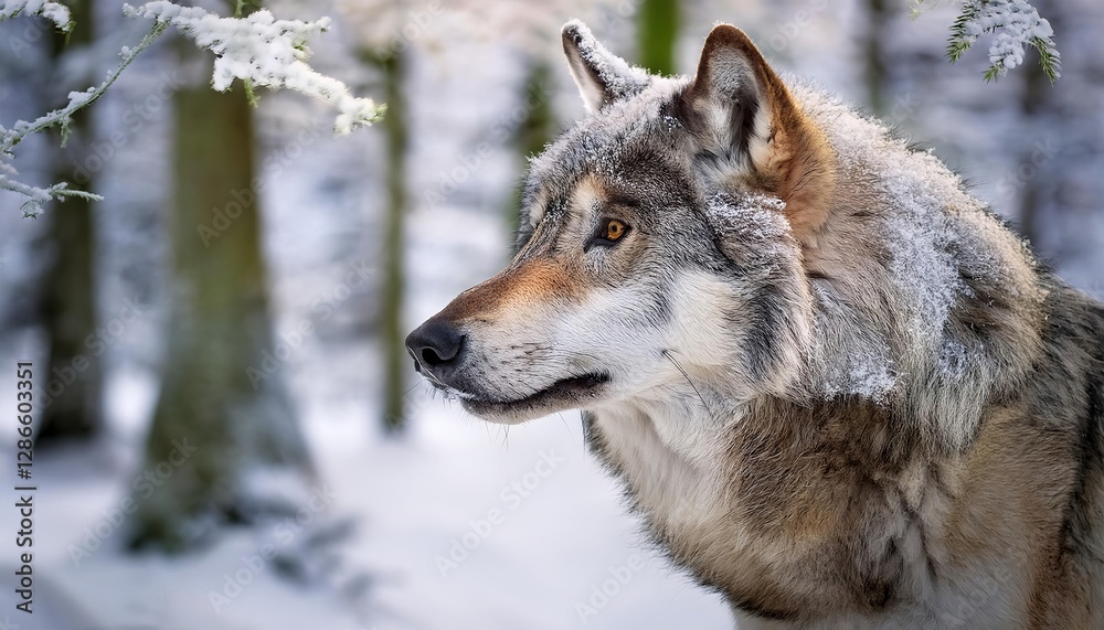 Fototapeta premium Wolf looking away in snowy forest habitat