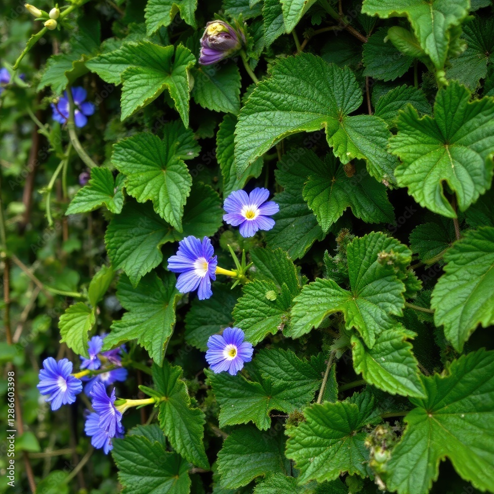 Vines wrapped tightly around colorful blue flowers in a lush garden, verdure, nature Vines wrapped tightly around colorful blue flowers in a lush garden, verdure, nature