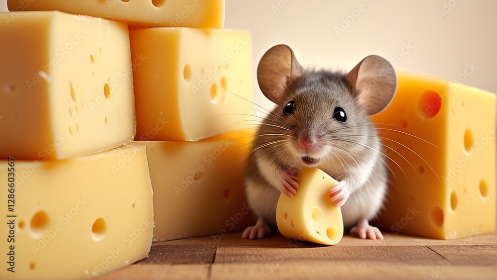 Fototapeta premium A cute mouse holds a piece of cheese, surrounded by blocks of cheese.