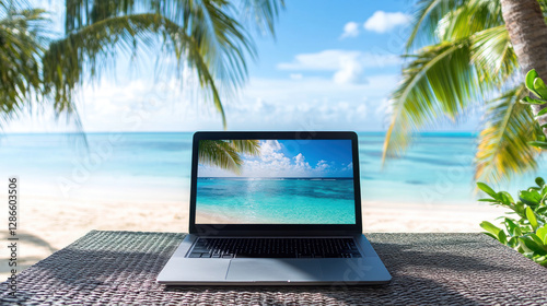 laptop on wicker table with tropical beach background, palm trees, and clear blue sky. scene evokes sense of relaxation and remote work in serene environment