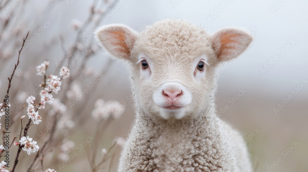 Obraz premium Cute lamb spring pasture blossoms postcard