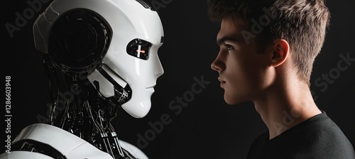 Artificial Intelligence Threat AI Robot Versus Young Man Looking Into Each Other's Eyes
