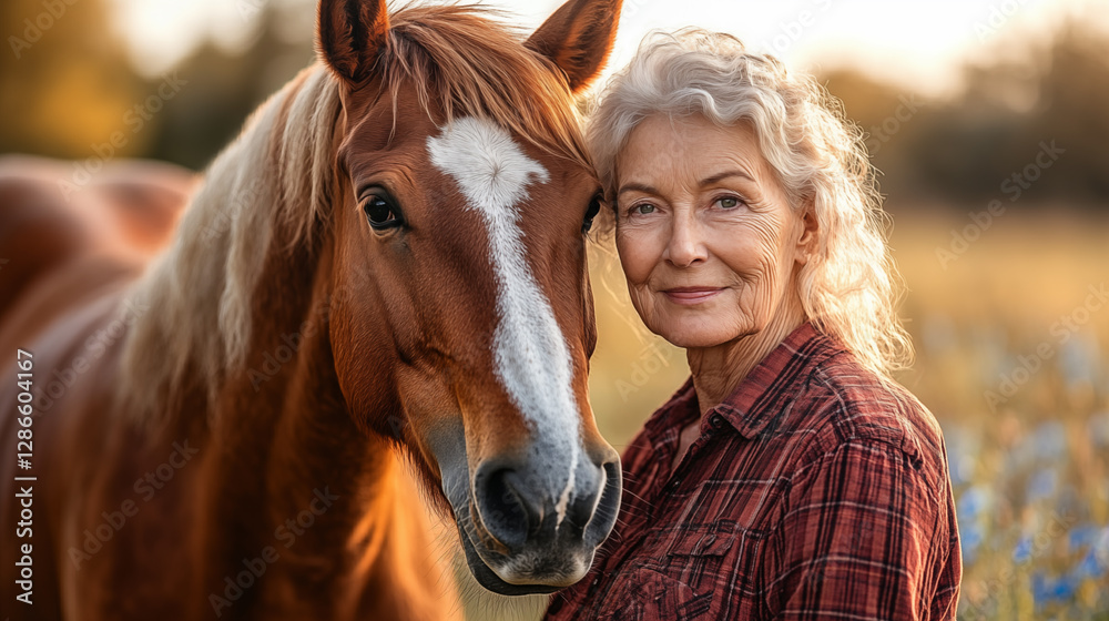Fototapeta premium A beautiful older woman with a horse