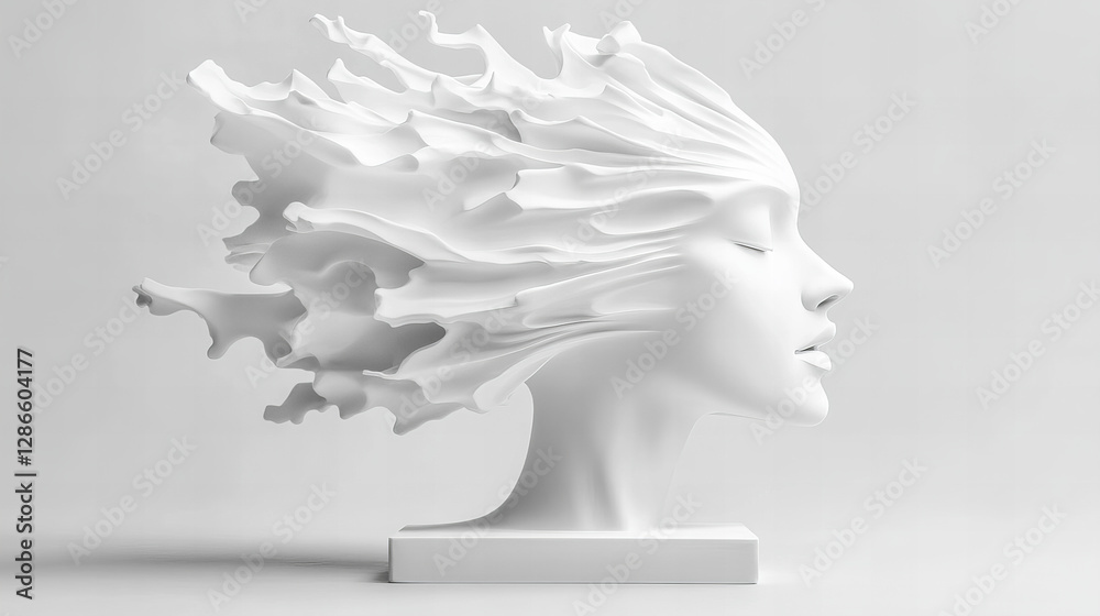 Unique white sculpture of a flowing head with hair made of abstract shapes displaying creativity and elegance Unique white sculpture of a flowing head with hair made of abstract shapes displaying creativity and elegance