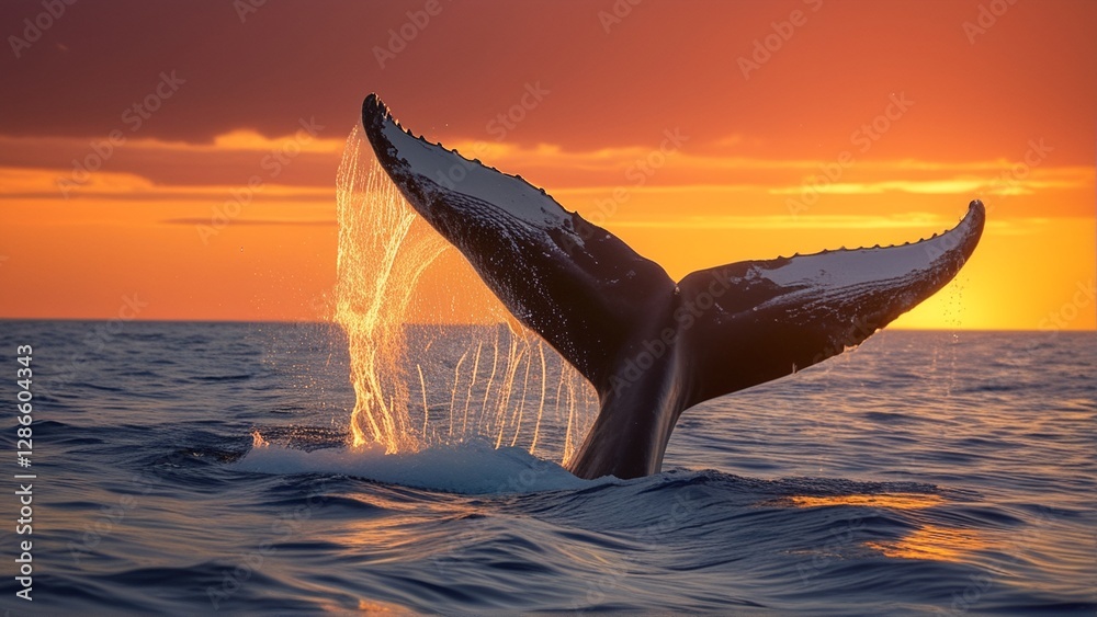 Fototapeta premium A majestic whale brews at sunset, its tail cutting through ocean waves.