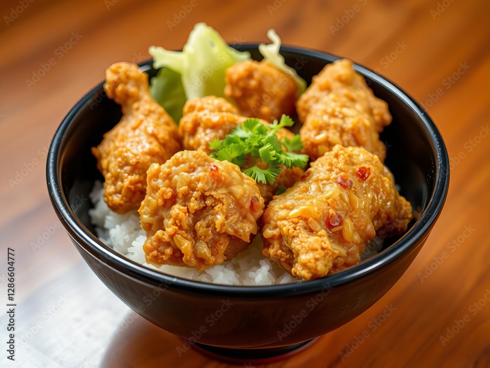 Japanese fried crispy chicken, or karaage, served in a black bowl with rice and cabbage, dish, karaage, chicken Japanese fried crispy chicken, or karaage, served in a black bowl with rice and cabbage, dish, karaage, chicken