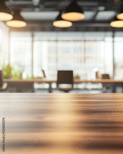 Modern workspace with wooden table and blurred chairs in a bright office environment during daylight hours