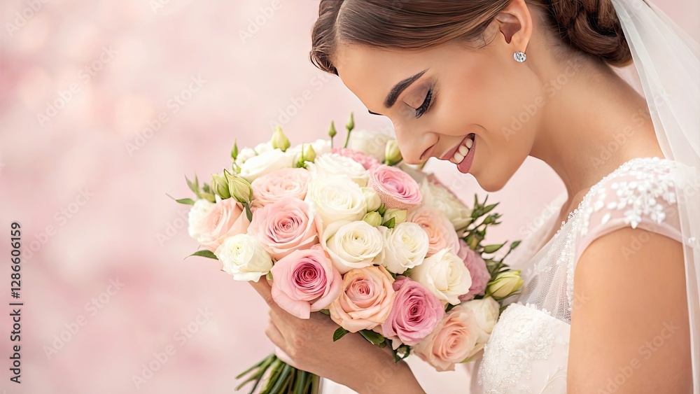 Obraz premium Radiant bride admiring her floral bouquet