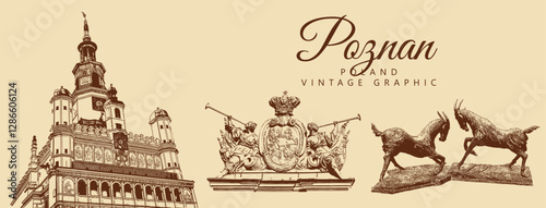 City ancient architecture, emblem and sculpture, Poznan, Poland. Vintage brown and beige graphics, engraved, vector. Old retro design.