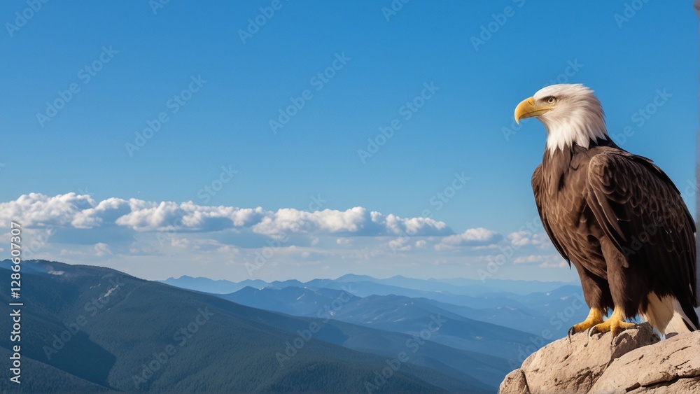 Fototapeta premium Majestic bald eagle perched on rocky terrain, overlooking expansive mountain ranges under clear blue sky.