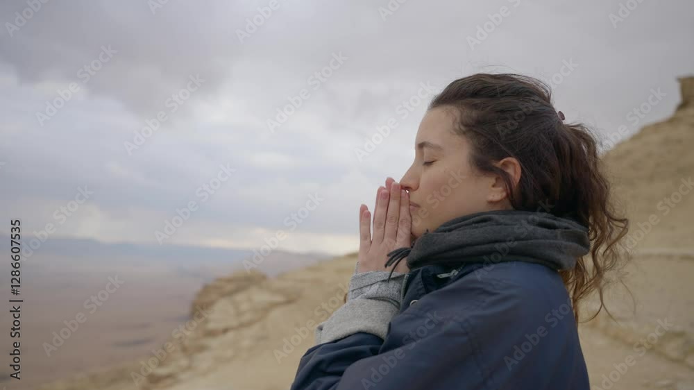 Female thankful pressing her hands together standing on top of desert mountain. Young woman joyful and happy praying or thinking while alone on cliff. Empowered and feeling blessed closing eyes Female thankful pressing her hands together standing on top of desert mountain. Young woman joyful and happy praying or thinking while alone on cliff. Empowered and feeling blessed closing eyes