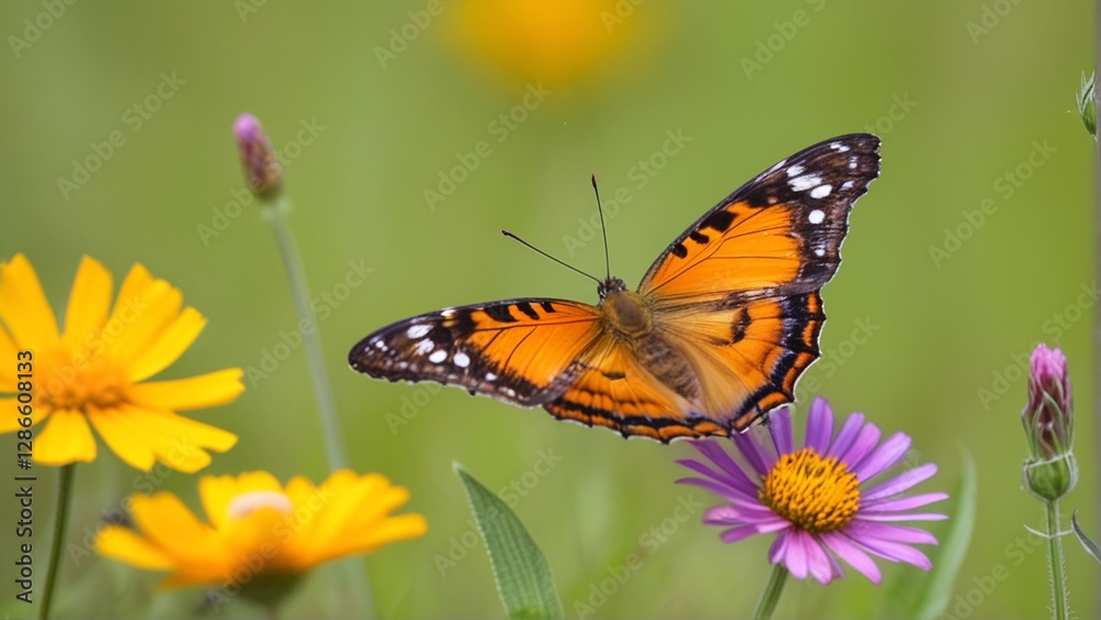 A vibrant butterfly rests on a flower amidst yellow and purple blooms. A vibrant butterfly rests on a flower amidst yellow and purple blooms.