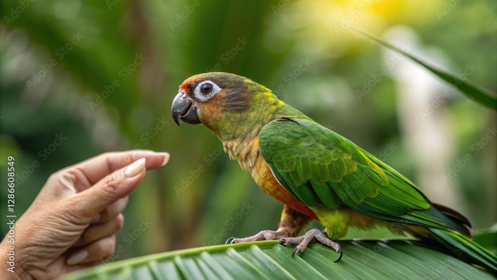 Obraz premium Colorful parrot interacting with a gentle hand in nature